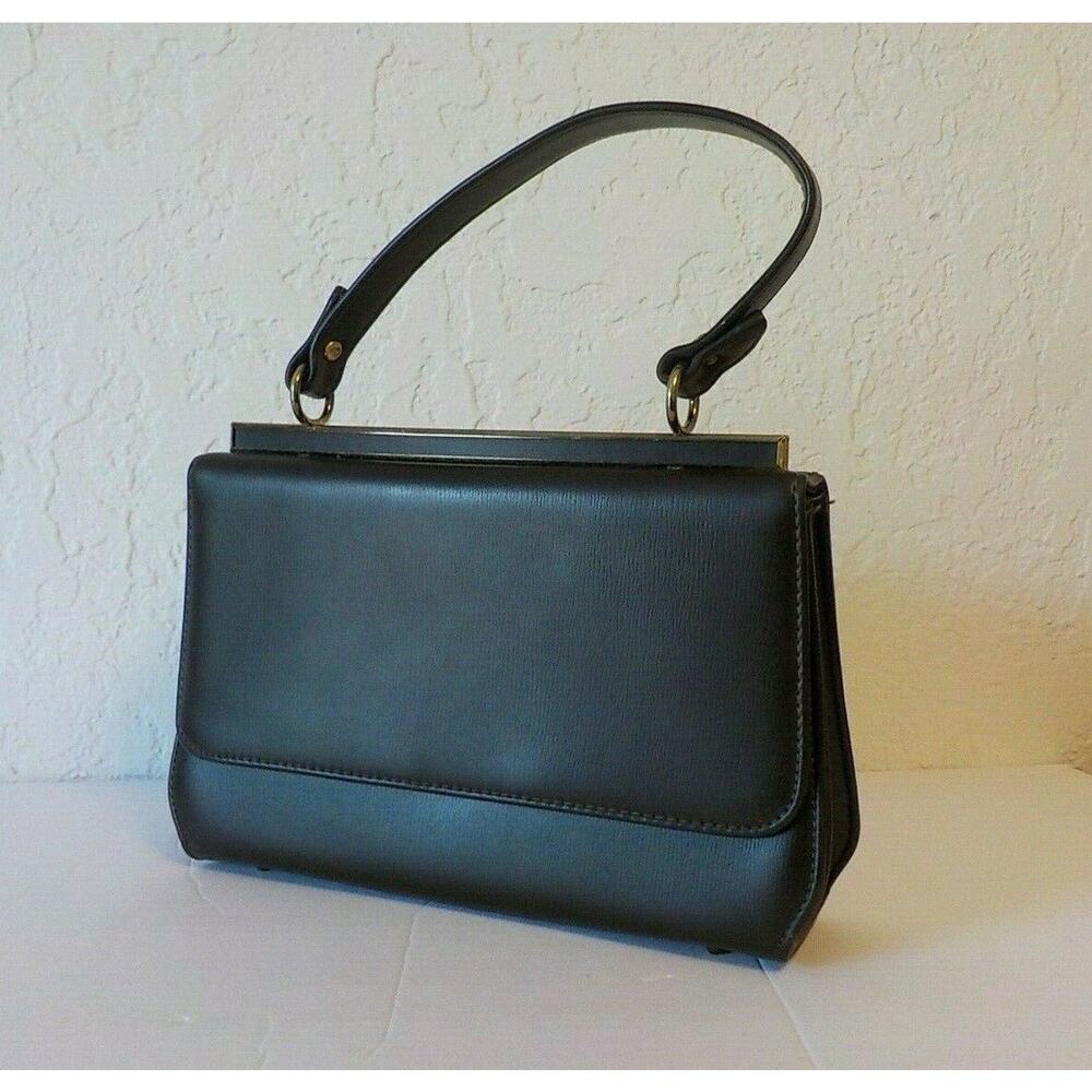 Vintage 80s Brown Handbag Purse Satchel Golden Accent Snap Closure Fabric Lining